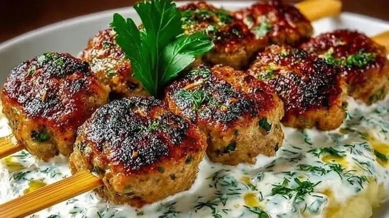 Plate of Chicken Kofta served with garlic yogurt sauce