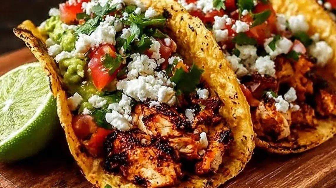 Tasty Chicken Street Tacos topped with fresh ingredients and salsa.