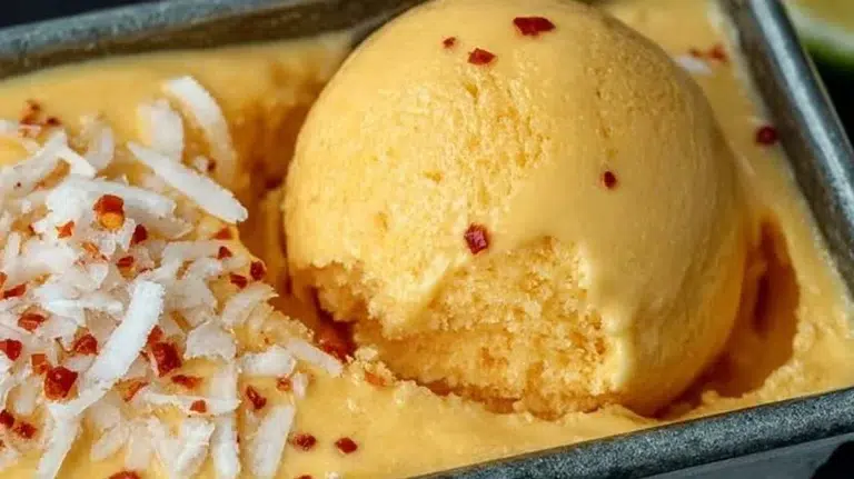 Delicious Chili Lime Mango Sorbet served in a bowl.