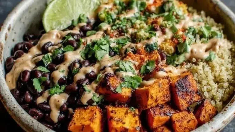 Chili-Lime Sweet Potato and Black Bean Bowls served in a colorful dish