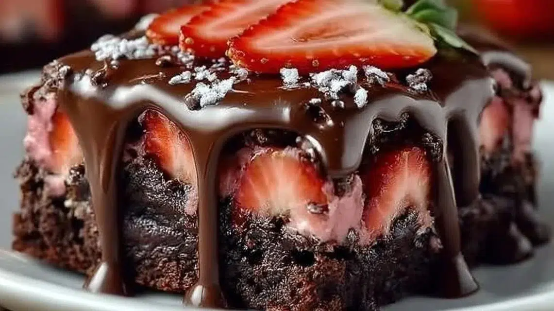 Delicious Chocolate Covered Strawberry Brownies topped with fresh strawberries