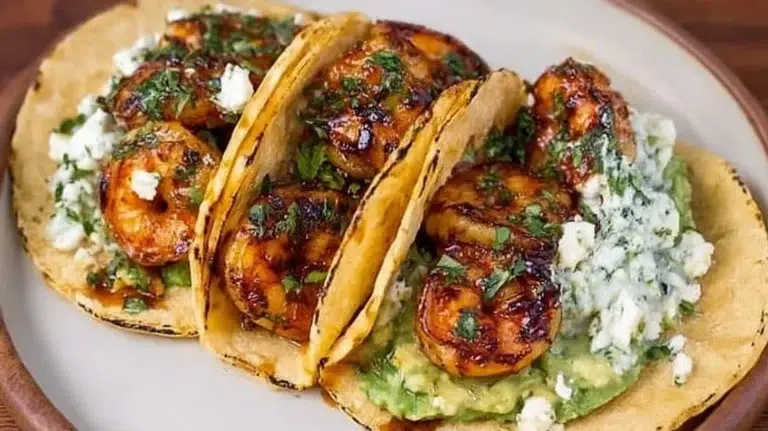 Cilantro lime shrimp tacos with creamy slaw on a plate ready to serve.