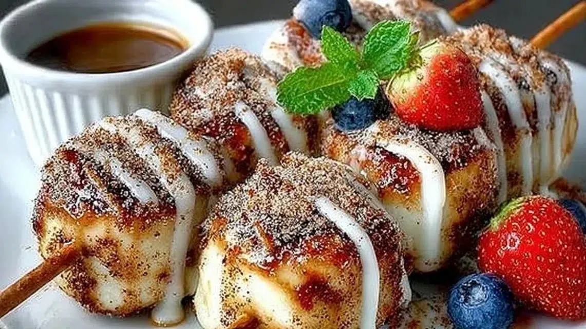 Delicious cinnamon roll skewers served on a platter for breakfast