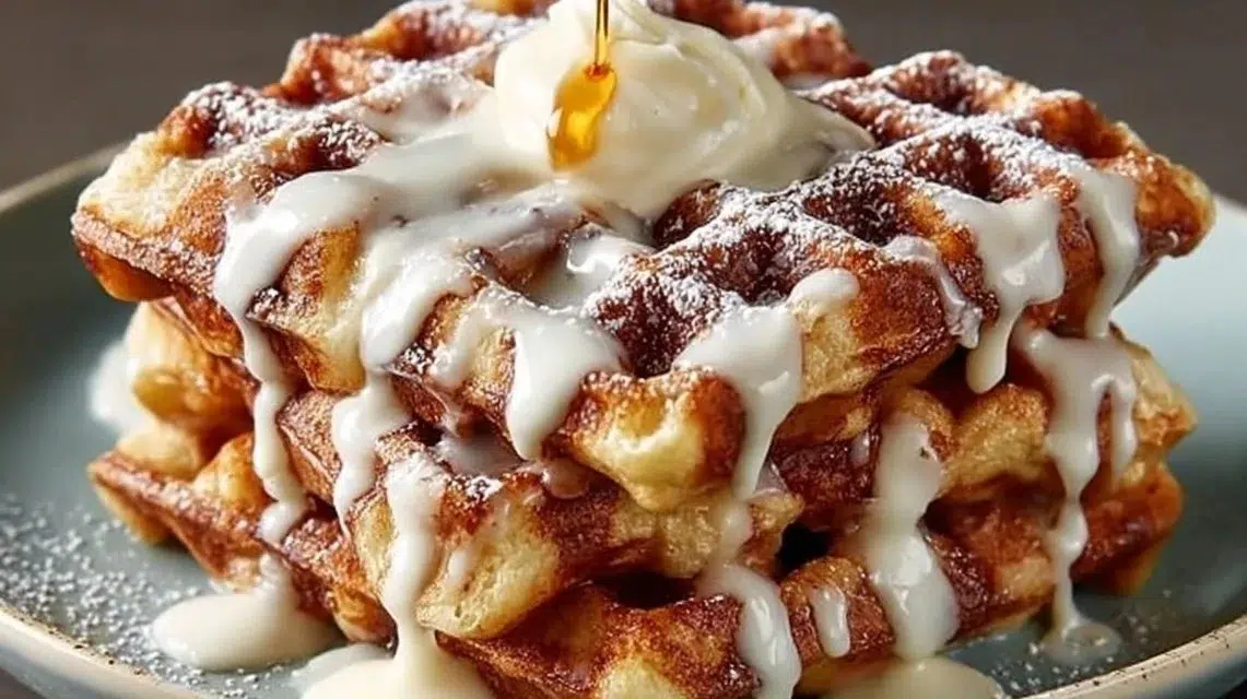 Delicious cinnamon roll waffles topped with cream cheese frosting