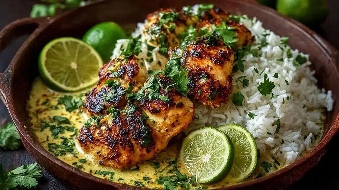 Delicious Coconut Lime Chicken garnished with fresh lime slices and herbs.