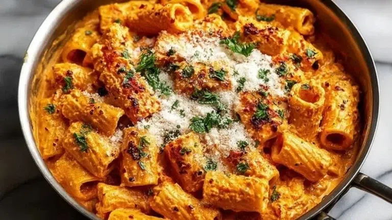 Plate of creamy Cottage Cheese Rigatoni topped with herbs