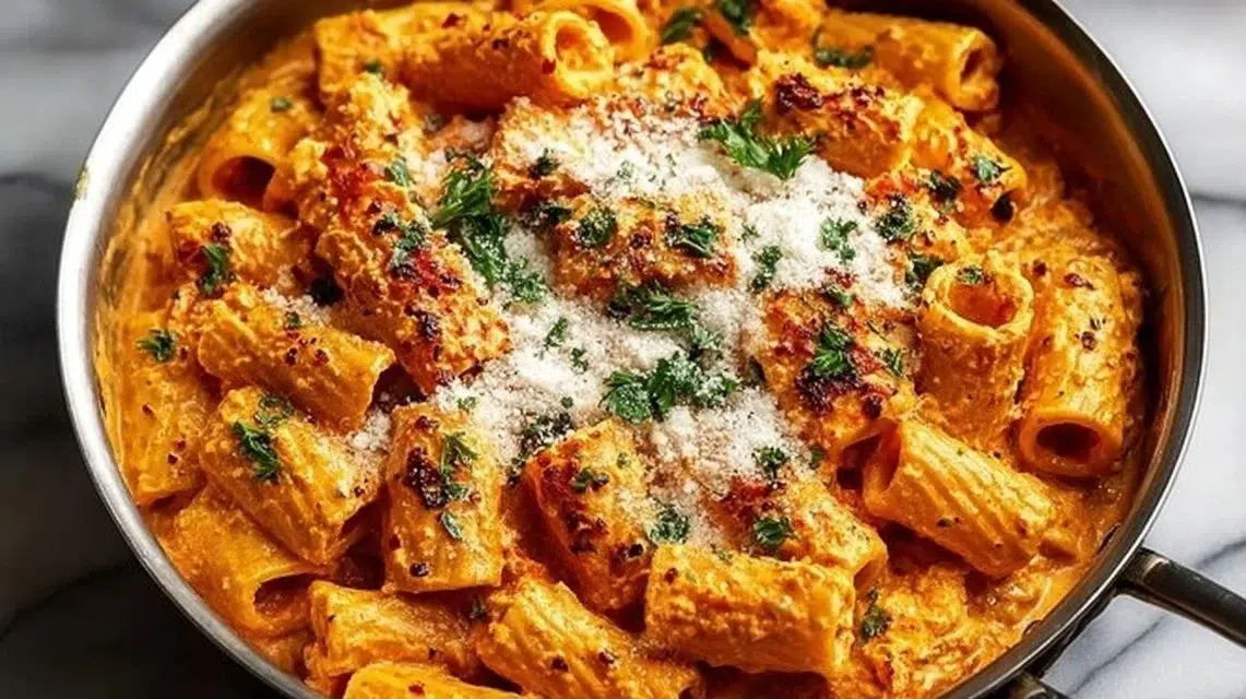 Plate of creamy Cottage Cheese Rigatoni topped with herbs