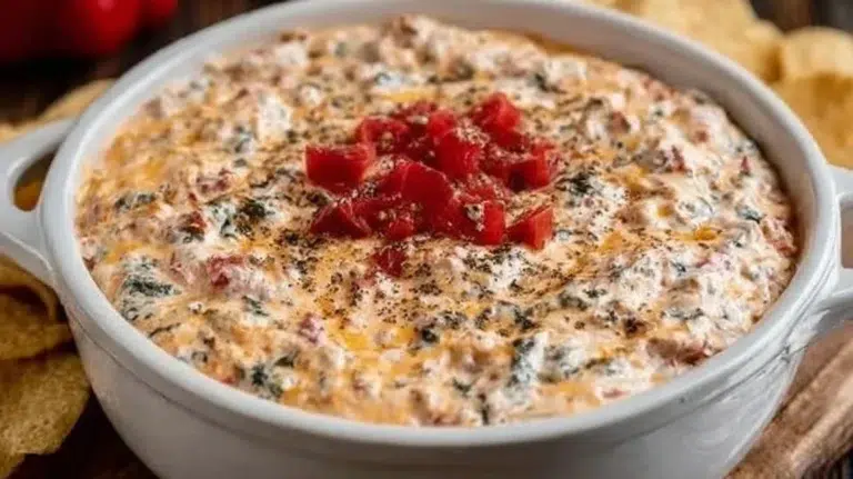 Delicious Cream Cheese Rotel Dip served in a bowl with tortilla chips