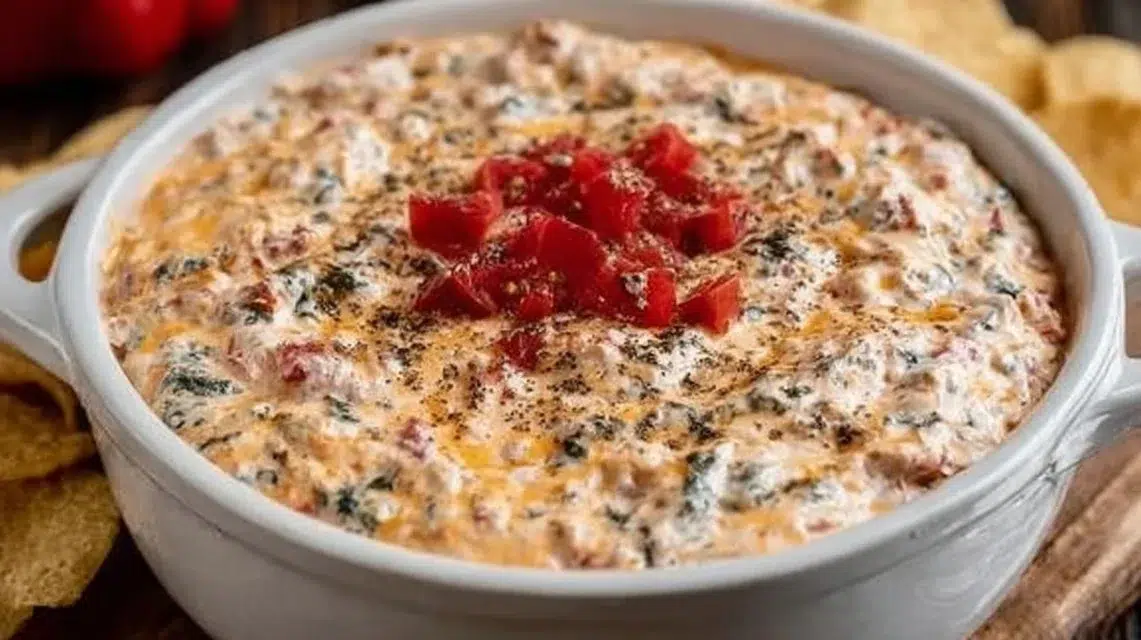 Delicious Cream Cheese Rotel Dip served in a bowl with tortilla chips