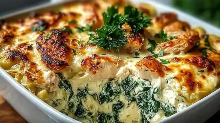Creamy chicken and spinach casserole dish served in a baking dish.