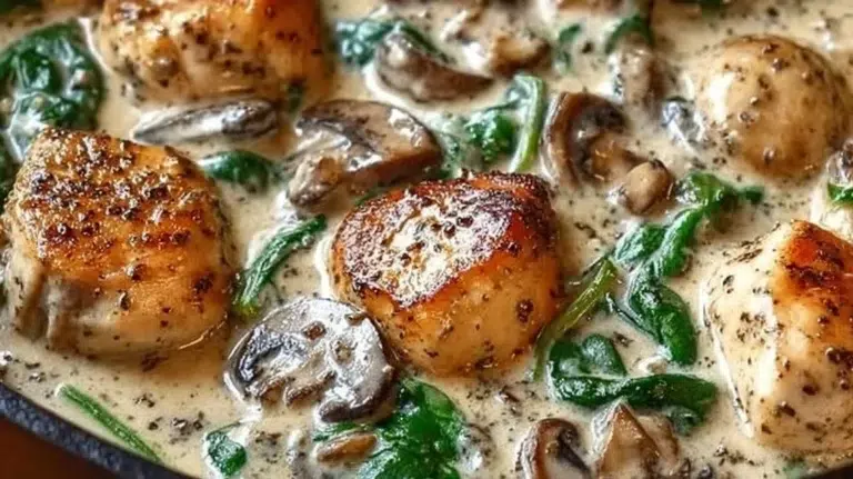 Creamy chicken mushroom spinach skillet dish in a frying pan