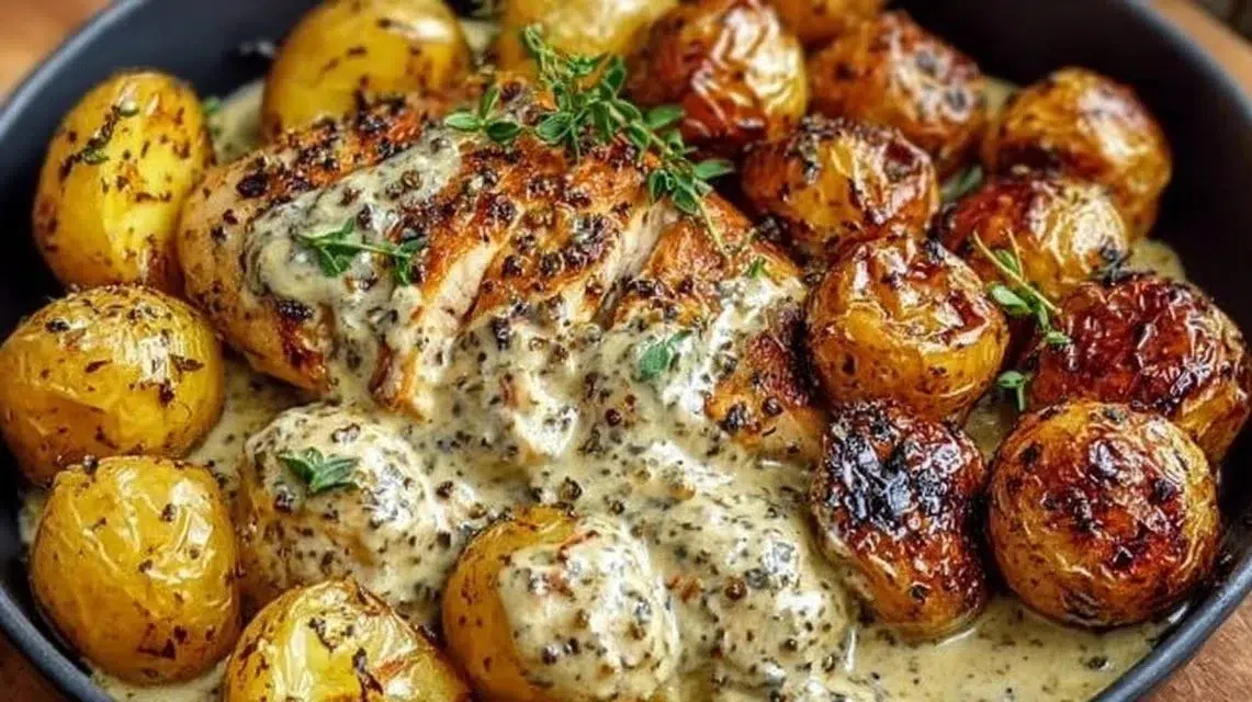 Creamy garlic chicken served with potatoes for a flavorful dish.