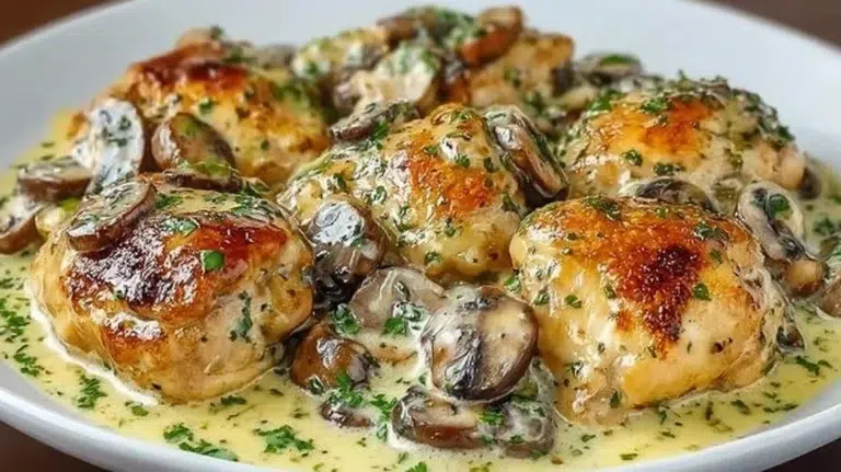 Creamy garlic mushroom chicken thighs served on a plate with fresh herbs.