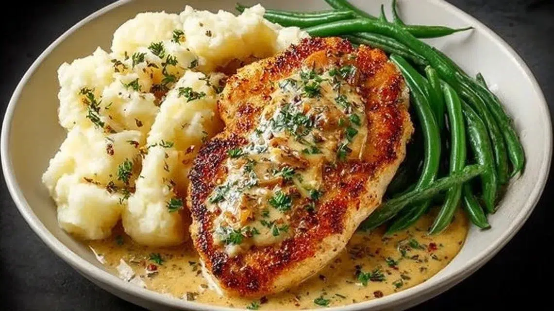 Creamy Garlic Parmesan Chicken cutlets served on a plate garnished with herbs