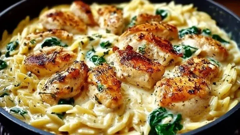 Creamy lemon chicken orzo dish served in a bowl