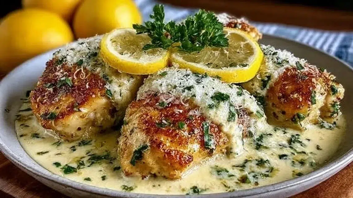 Creamy lemon chicken topped with parmesan sauce on a plate