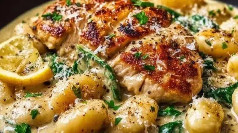 Creamy lemon parmesan chicken gnocchi served in a bowl