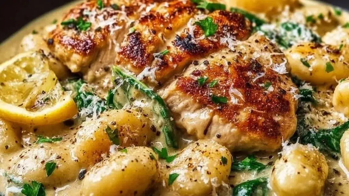 Creamy lemon parmesan chicken gnocchi served in a bowl