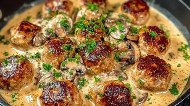 Creamy mushroom chicken meatballs served in a bowl with herbs