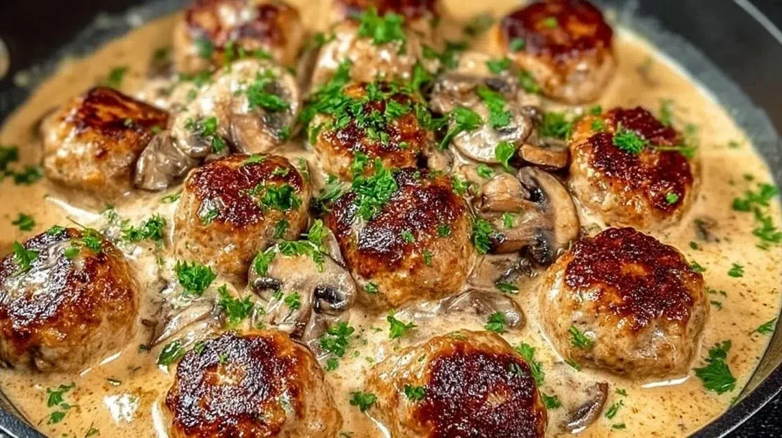 Creamy mushroom chicken meatballs served in a bowl with herbs