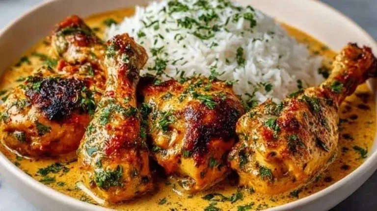 Creamy paprika chicken drumsticks served with steamed rice on a rustic plate.