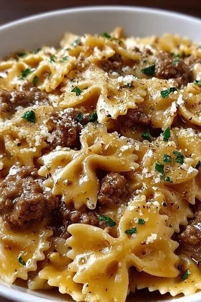 Creamy Parmesan Garlic Beef Bowtie Pasta