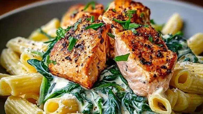Delicious creamy salmon pasta served in a bowl with herbs