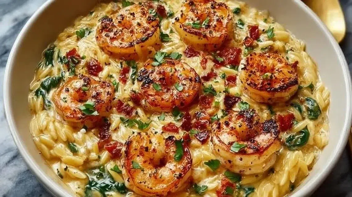 Bowl of creamy shrimp orzo with herbs and parmesan Parmesan served with a spoon.