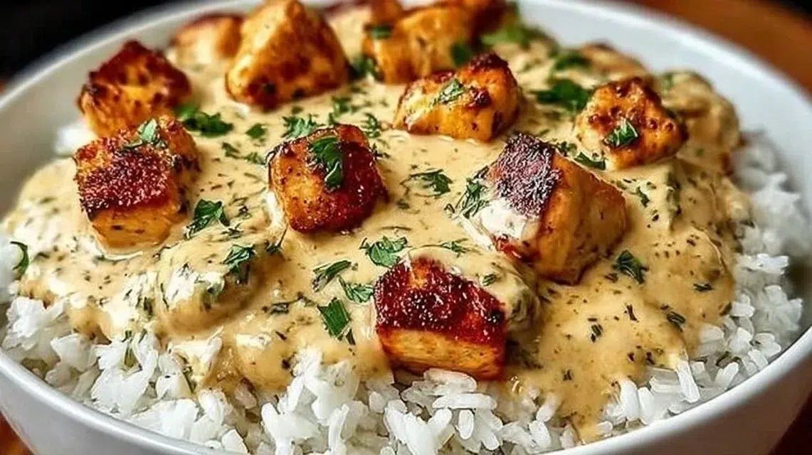 Creamy smothered chicken served over rice in a delicious sauce