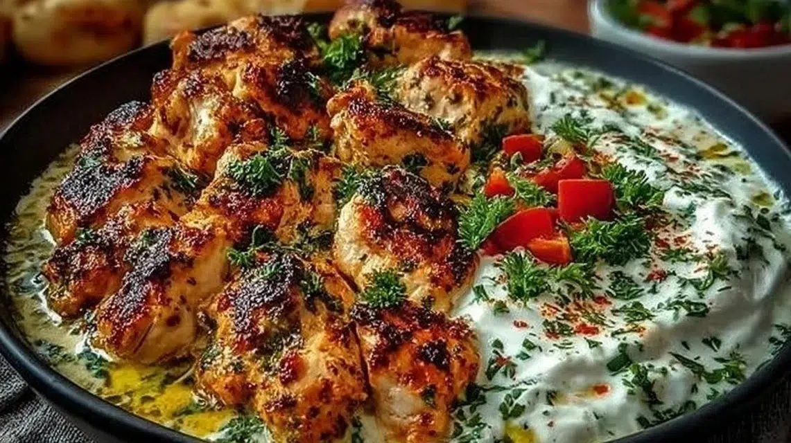 Creamy Turkish chicken dish served on a plate with fresh herbs
