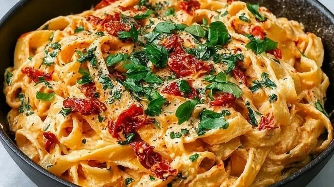 Creamy vegan sun-dried tomato pasta topped with fresh herbs