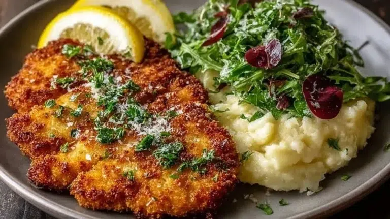 Delicious crispy Chicken Milanese served with lemon and arugula salad
