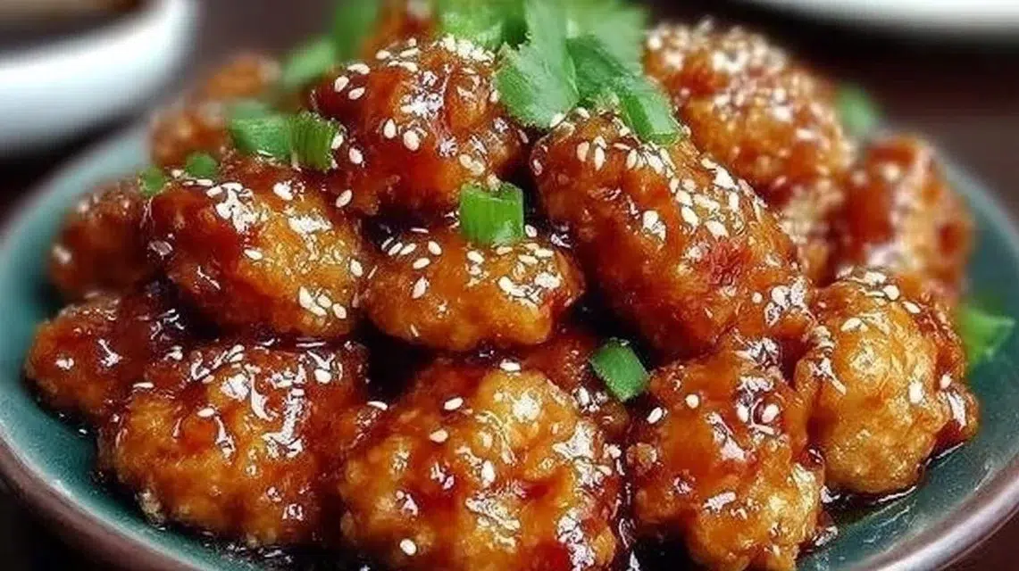 Delicious crispy Chinese honey chicken served with vibrant vegetables