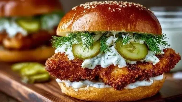 Crispy dill chicken sandwich with fresh ingredients and a crunchy coating