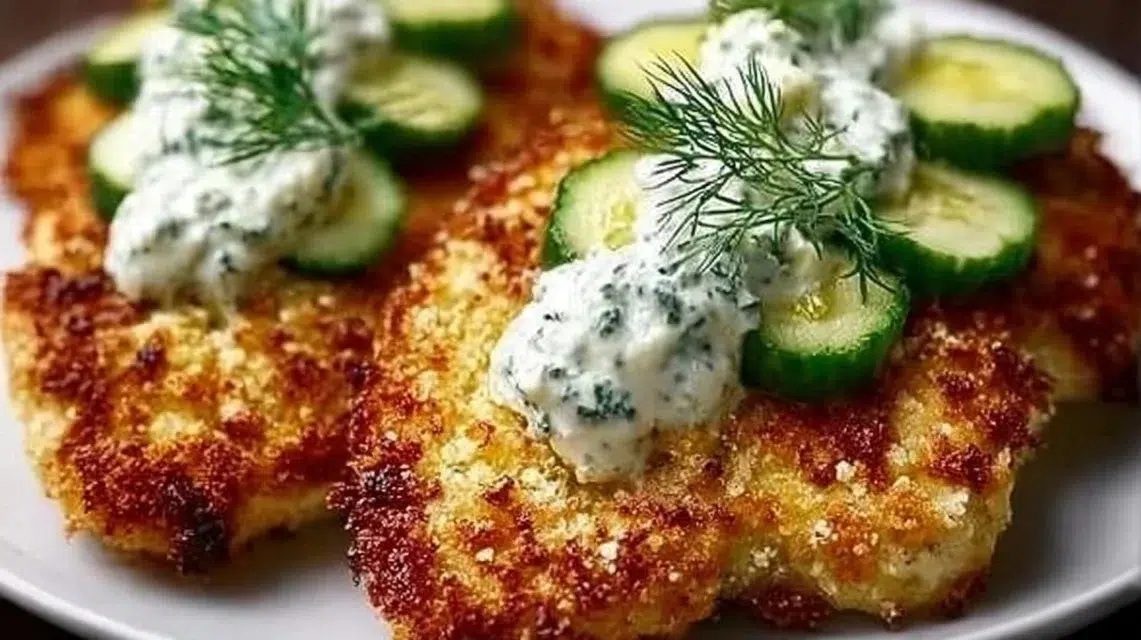 Crispy dill pickle parmesan chicken served on a plate
