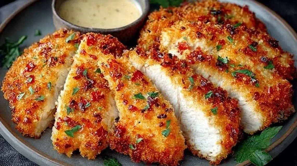 Crispy Parmesan chicken served on a plate with herbs and lemon slices