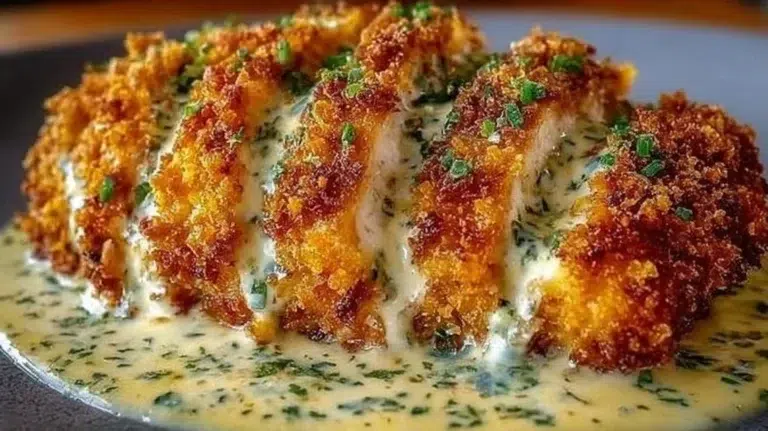 Crispy Parmesan Chicken topped with creamy garlic sauce on a white plate.