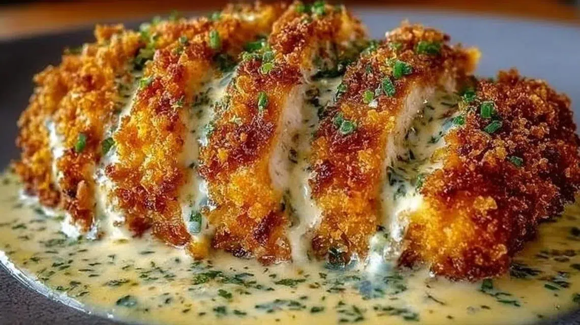 Crispy Parmesan Chicken topped with creamy garlic sauce on a white plate.
