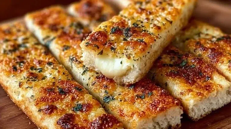 Crispy sourdough cheesy breadsticks fresh out of the oven