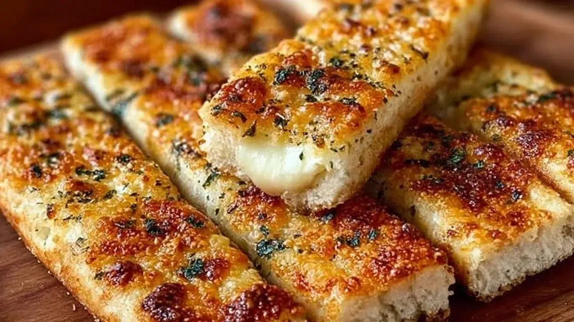 Crispy sourdough cheesy breadsticks fresh out of the oven