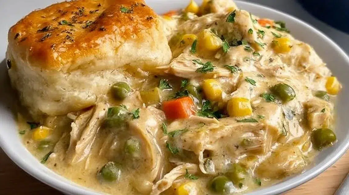 Delicious Crock Pot Chicken Pot Pie served in a bowl with vegetables