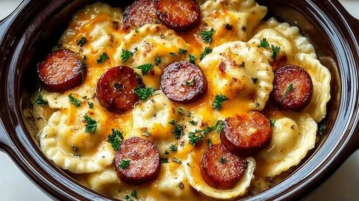 Crock Pot Pierogi Casserole with Kielbasa served in a dish