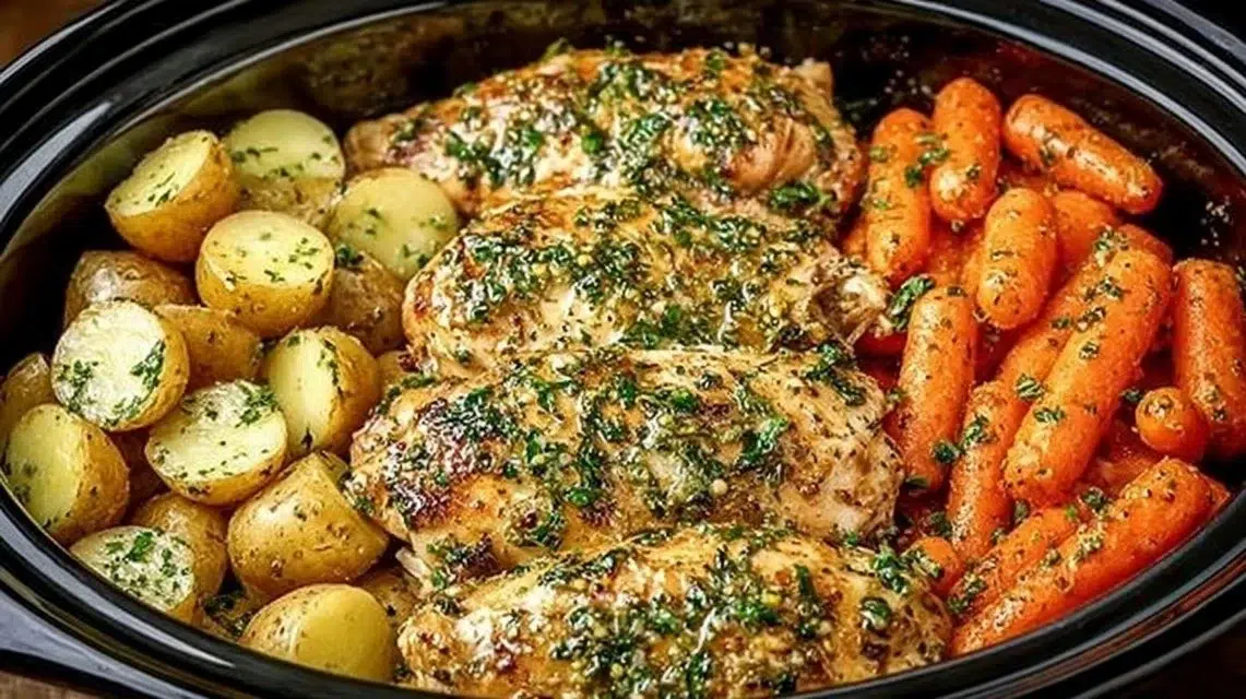 Crockpot Garlic Herb Chicken served on a plate with herbs