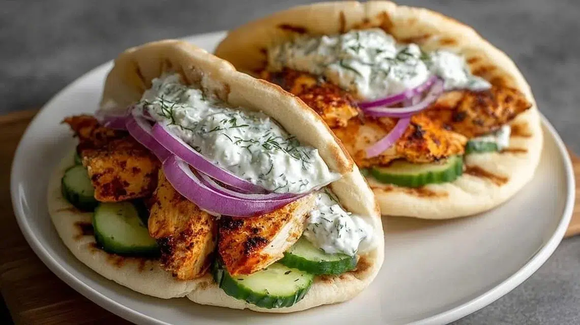 Crockpot Greek Chicken Pitas served with Tzatziki sauce on a plate.
