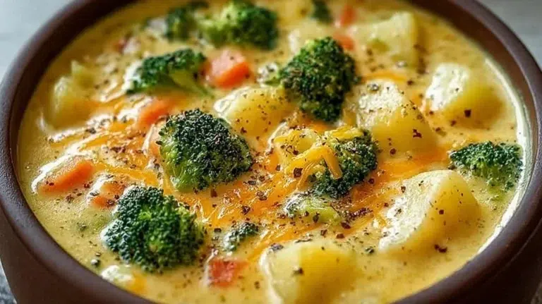 Creamy Crockpot Potato Broccoli Cheddar Soup in a bowl with cheese on top.