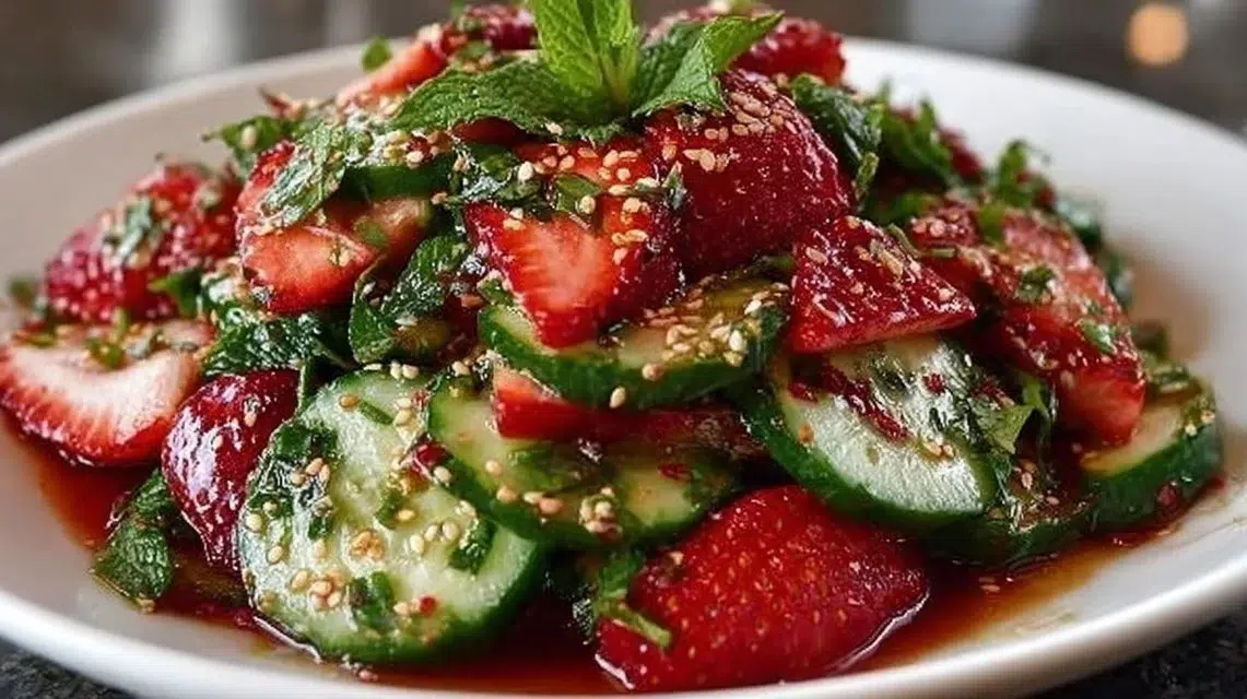 Delicious Cucumber Strawberry Salad with fresh cucumbers and strawberries