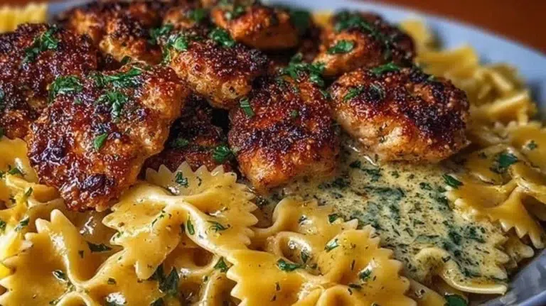 A delicious serving of Garlic Butter Chicken with bowtie pasta on a plate.