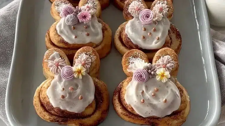 Easter Bunny cinnamon rolls adorned with icing and colorful sprinkles.