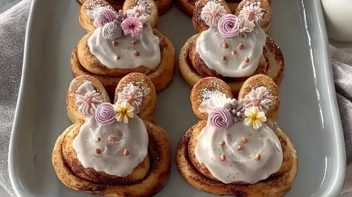 Easter Bunny cinnamon rolls adorned with icing and colorful sprinkles.