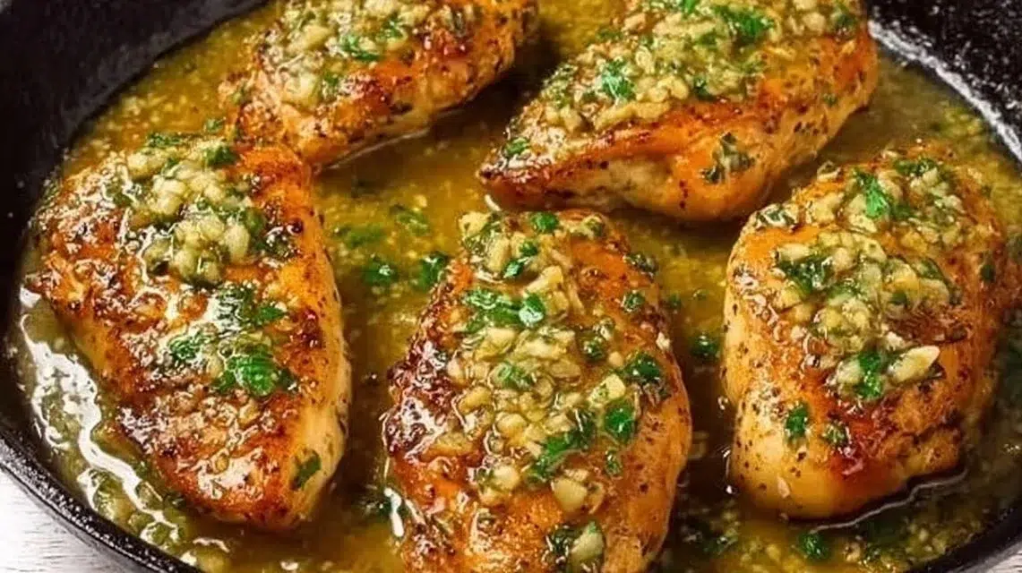 Delicious easy garlic butter chicken served on a white plate.